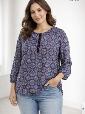 JESSICA Floral Print Blouse Size Large | Navy Pink Boho Chic 3/4 Sleeve Top